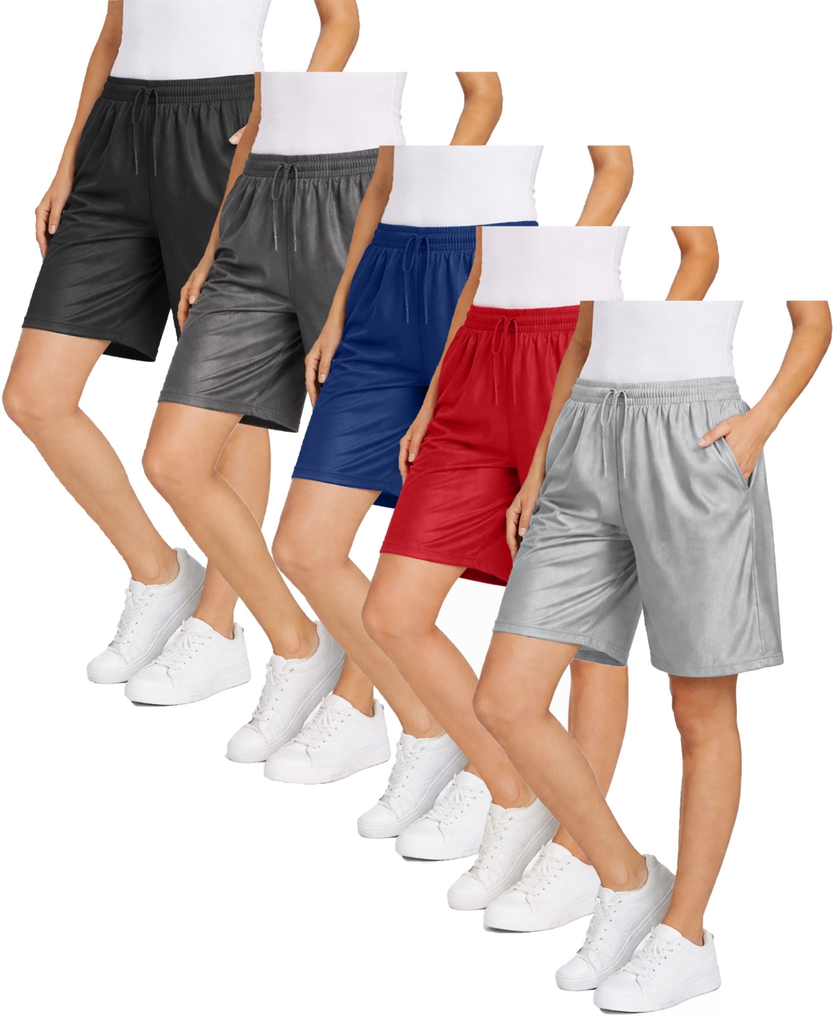 Jump Start Women’s Loose Fit Moisture-Wicking Performance Dazzle Shorts-5 Pack – Black-charcoal-navy-red-silver Jump Start Women’s Loose Fit Moisture-Wicking Performance Dazzle Shorts-5 Pack – Black-charcoal-navy-red-silver