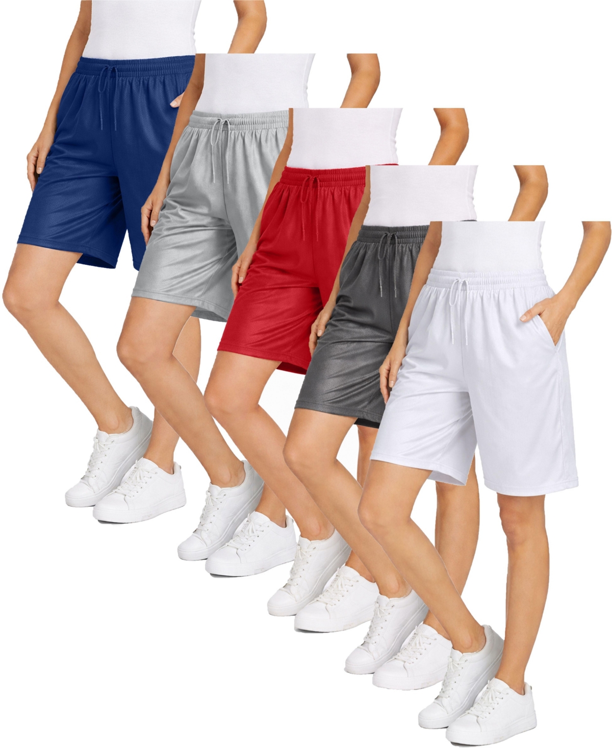 Jump Start Women’s Loose Fit Moisture-Wicking Performance Dazzle Shorts-5 Pack – Navy-silver-red-charcoal-white