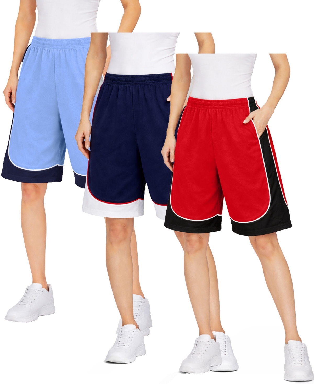 Jump Start Women’s Loose Fit Moisture-Wicking Performance Shorts-3 Pack – Blue/white-navy/red-red/white