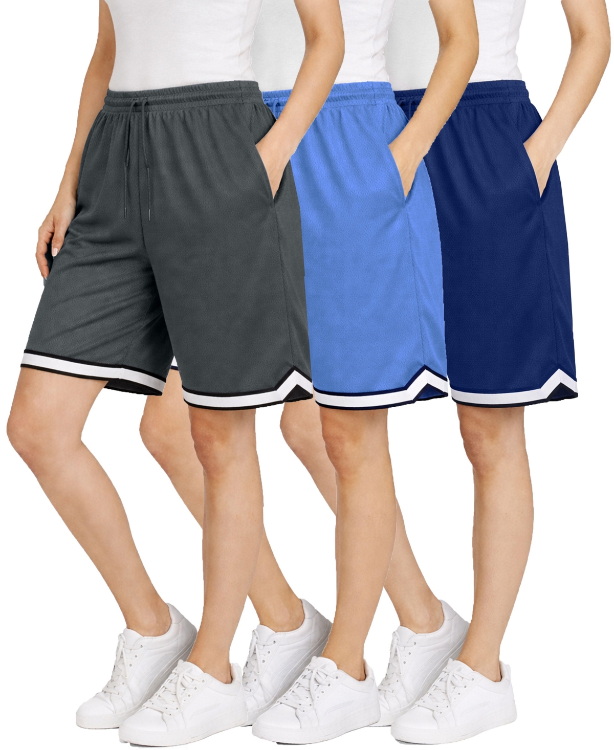 Jump Start Women’s Loose Fit Moisture-Wicking Performance Shorts-3 Pack – Charcoal-royal-navy