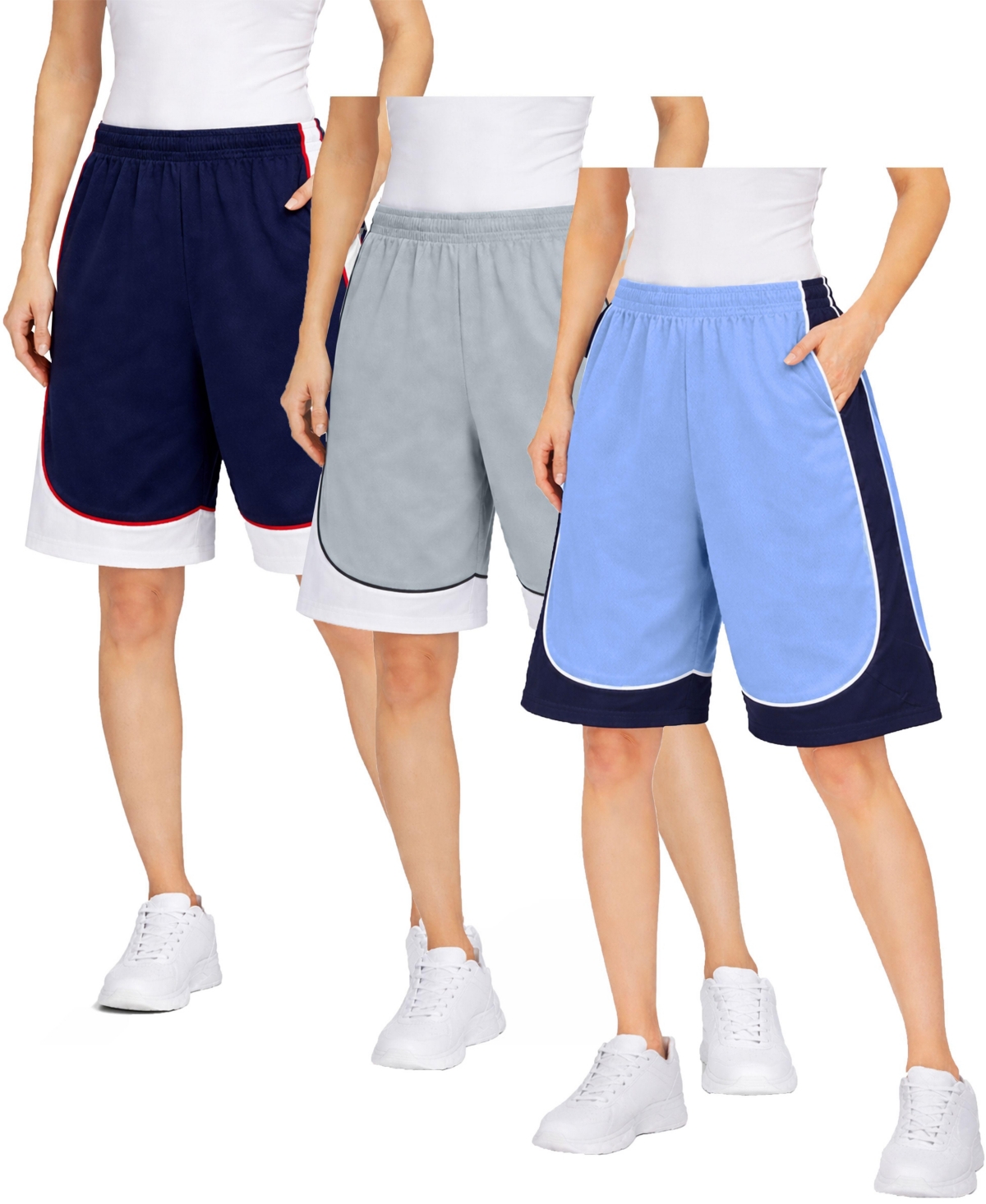 Jump Start Women’s Loose Fit Moisture-Wicking Performance Shorts-3 Pack – Navy/red-silver/blk-blue/white Jump Start Women’s Loose Fit Moisture-Wicking Performance Shorts-3 Pack – Navy/red-silver/blk-blue/white