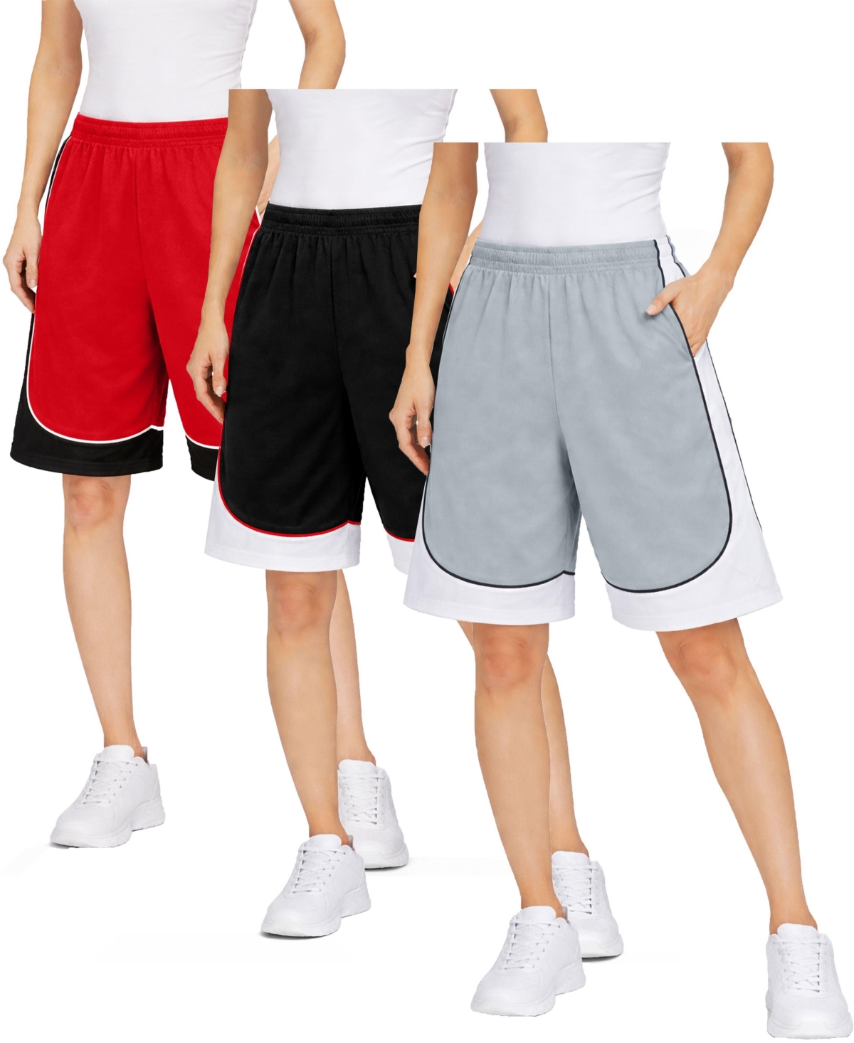 Jump Start Women’s Loose Fit Moisture-Wicking Performance Shorts-3 Pack – Red/white-black/red-silver/black