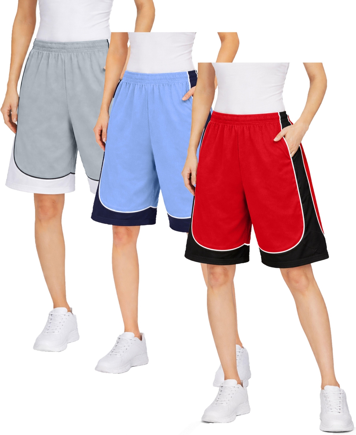 Jump Start Women’s Loose Fit Moisture-Wicking Performance Shorts-3 Pack – Silver/black-blu/wht-red/wht Jump Start Women’s Loose Fit Moisture-Wicking Performance Shorts-3 Pack – Silver/black-blu/wht-red/wht