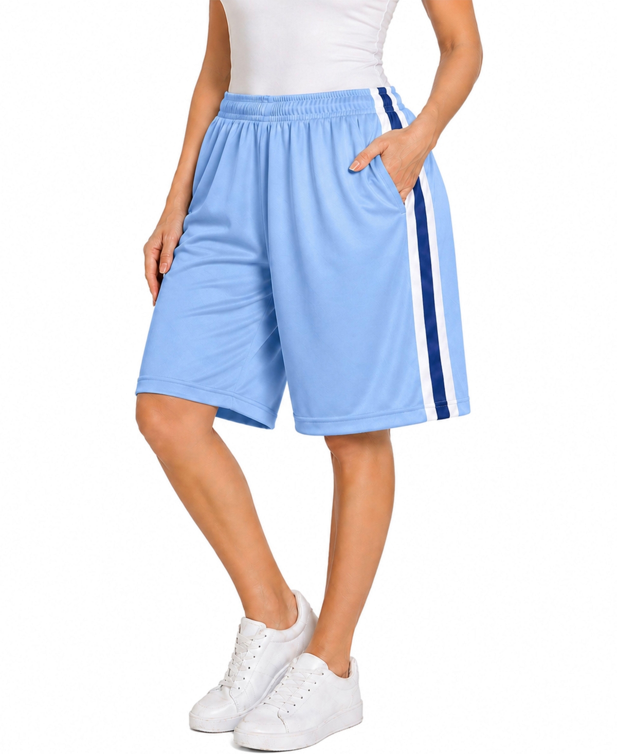 Jump Start Women’s Loose Fit Moisture-Wicking Performance Shorts – Light blue-white-navy Jump Start Women’s Loose Fit Moisture-Wicking Performance Shorts – Light blue-white-navy