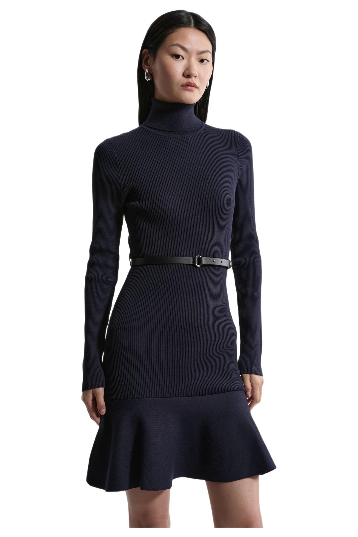Karen Millen Women’s Roll Neck Belted Flippy Hem Mini Dress – Navy