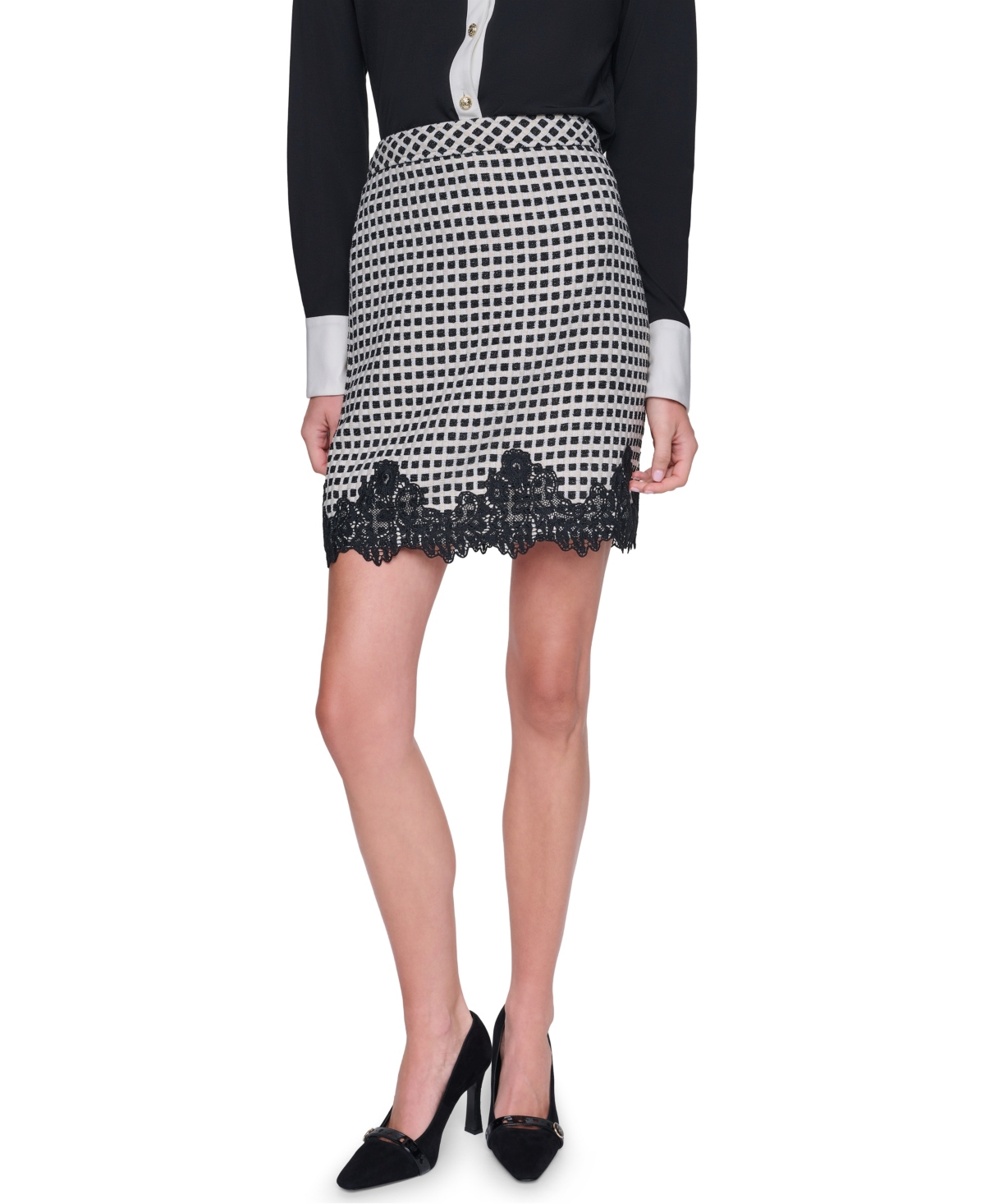 Karl Lagerfeld Paris Women’s Lace Trim Mini Skirt – Black/birch Multi