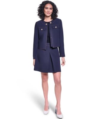 Karl Lagerfeld Paris Womens Twill Contrast Stitch Round Neck Cropped Jacket Invisible Zipper Mini Skirt Karl Lagerfeld Paris Womens Twill Contrast Stitch Round Neck Cropped Jacket Invisible Zipper Mini Skirt