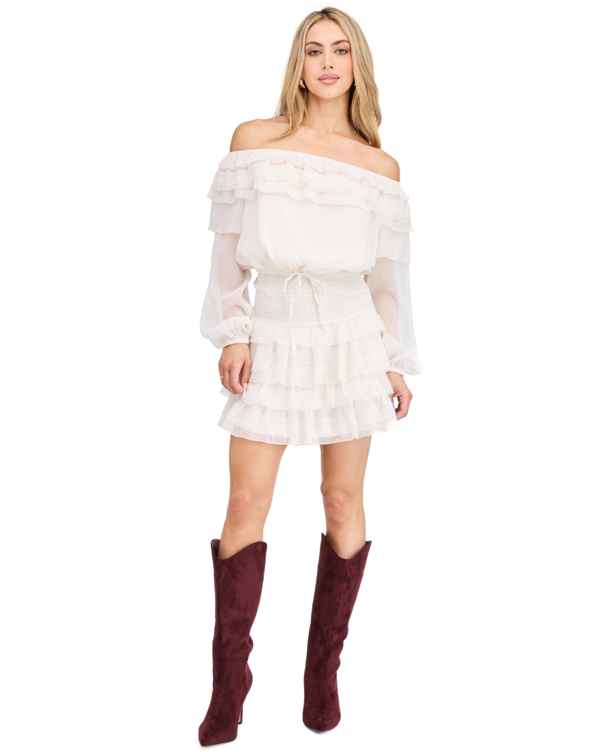 Kittenish Women’s Imogen Yoryu Off-the-Shoulder Long-Sleeve Lace Mini Dress – Egret Kittenish Women’s Imogen Yoryu Off-the-Shoulder Long-Sleeve Lace Mini Dress – Egret