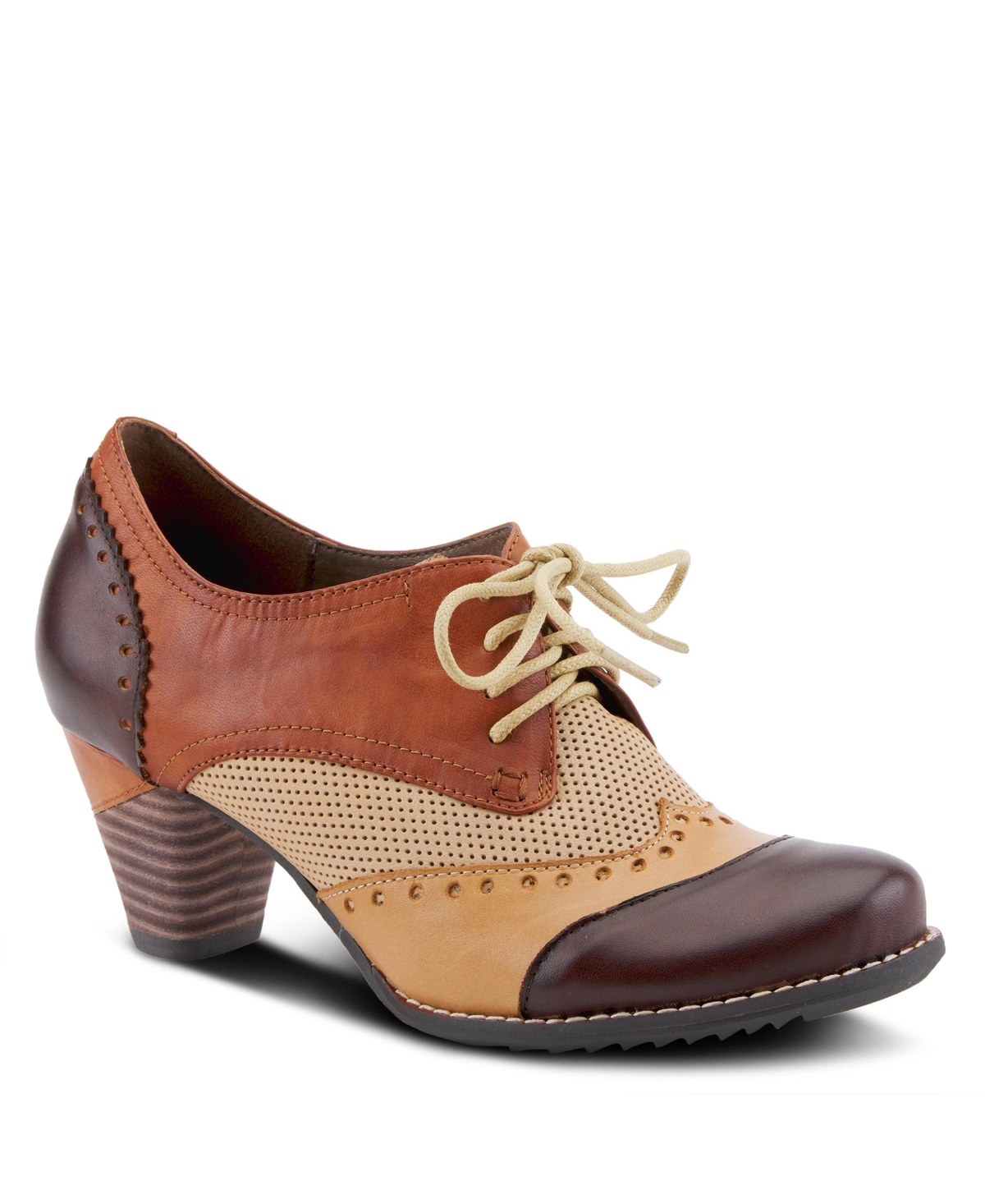 L Artiste Women s Bardot Hand-Painted Leather Oxford Shoes with Color-Block Design, Perforated Detailing, Stacked Heel, and Lace-Up Derby Style – Brow