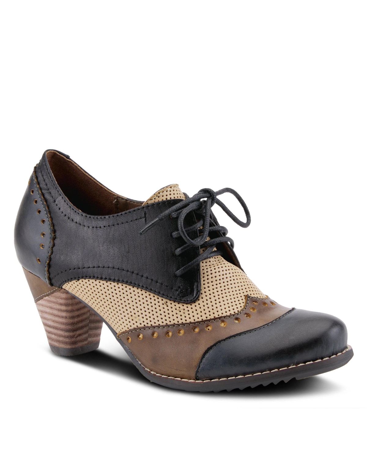 L Artiste Women s Bardot Hand-Painted Leather Oxford Shoes with Color-Block Design, Perforated Detailing, Stacked Heel, and Lace-Up Derby Style – Navy L Artiste Women s Bardot Hand-Painted Leather Oxford Shoes with Color-Block Design, Perforated Detailing, Stacked Heel, and Lace-Up Derby Style – Navy