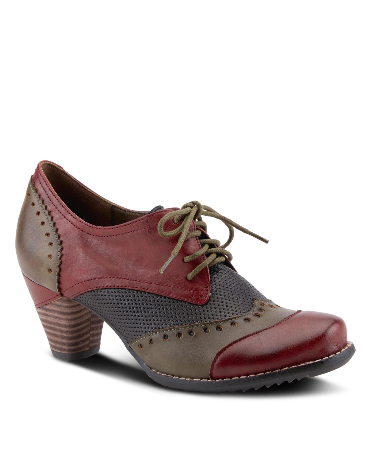 L Artiste Women s Bardot Hand-Painted Leather Oxford Shoes with Color-Block Design, Perforated Detailing, Stacked Heel, and Lace-Up Derby Style – Red