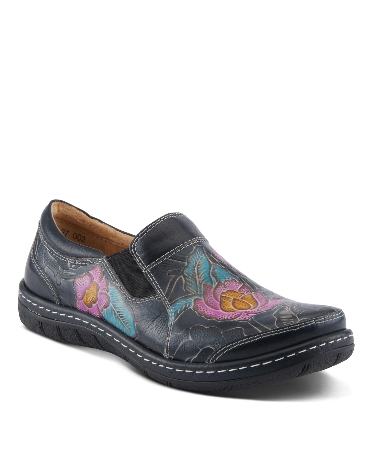 L’Artiste Women’s Annawan Floral Embossed Handpainted Leather Comfort Slip-On Shoes with Stretch Gore and Padded Collar – Black multi L’Artiste Women’s Annawan Floral Embossed Handpainted Leather Comfort Slip-On Shoes with Stretch Gore and Padded Collar – Black multi