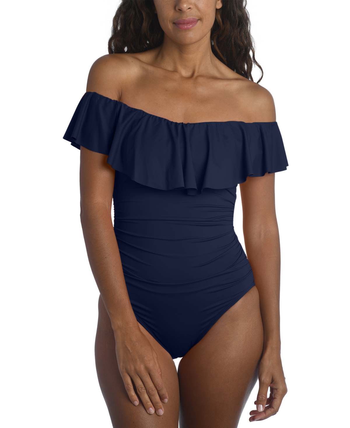 La Blanca Island Goddess Off-The-Shoulder Ruffled Tummy-Control One-Piece Swimsuit – Indigo La Blanca Island Goddess Off-The-Shoulder Ruffled Tummy-Control One-Piece Swimsuit – Indigo