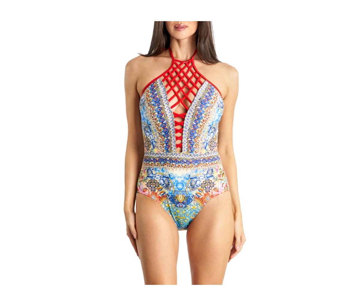 La Moda Clothing Women’s Lace Up One Piece Swimsuit – Light pink / yellow