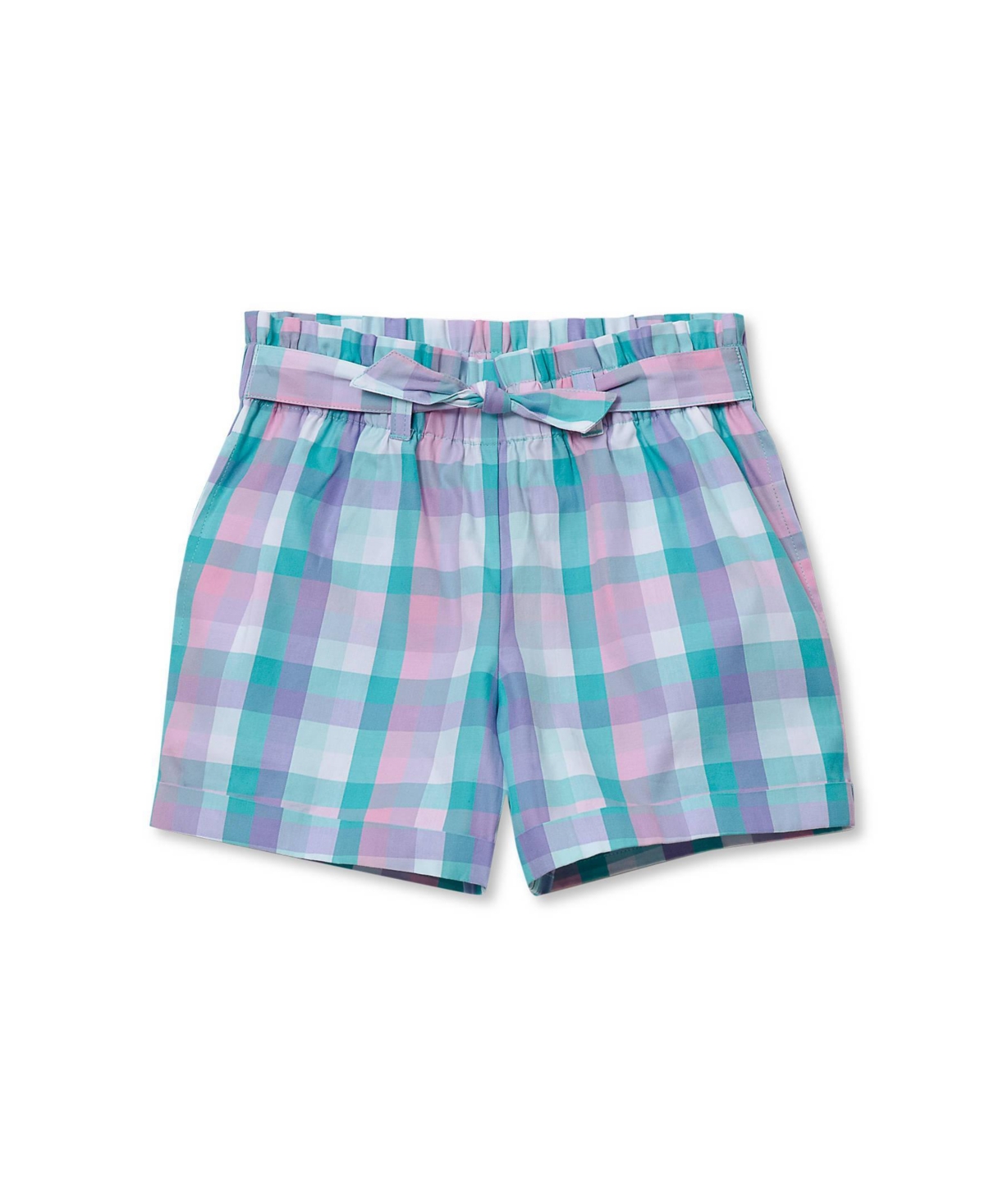 Lands’ End Girls Belted Woven Pull On Shorts – Teal multi plaid