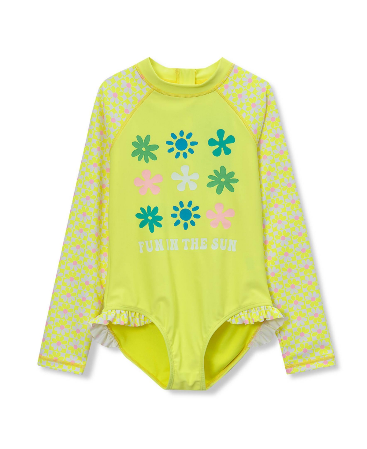 Lands’ End Girls Child Chlorine Resistant Long Sleeve Ruffle One Piece Swimsuit – Sunny lime floral check
