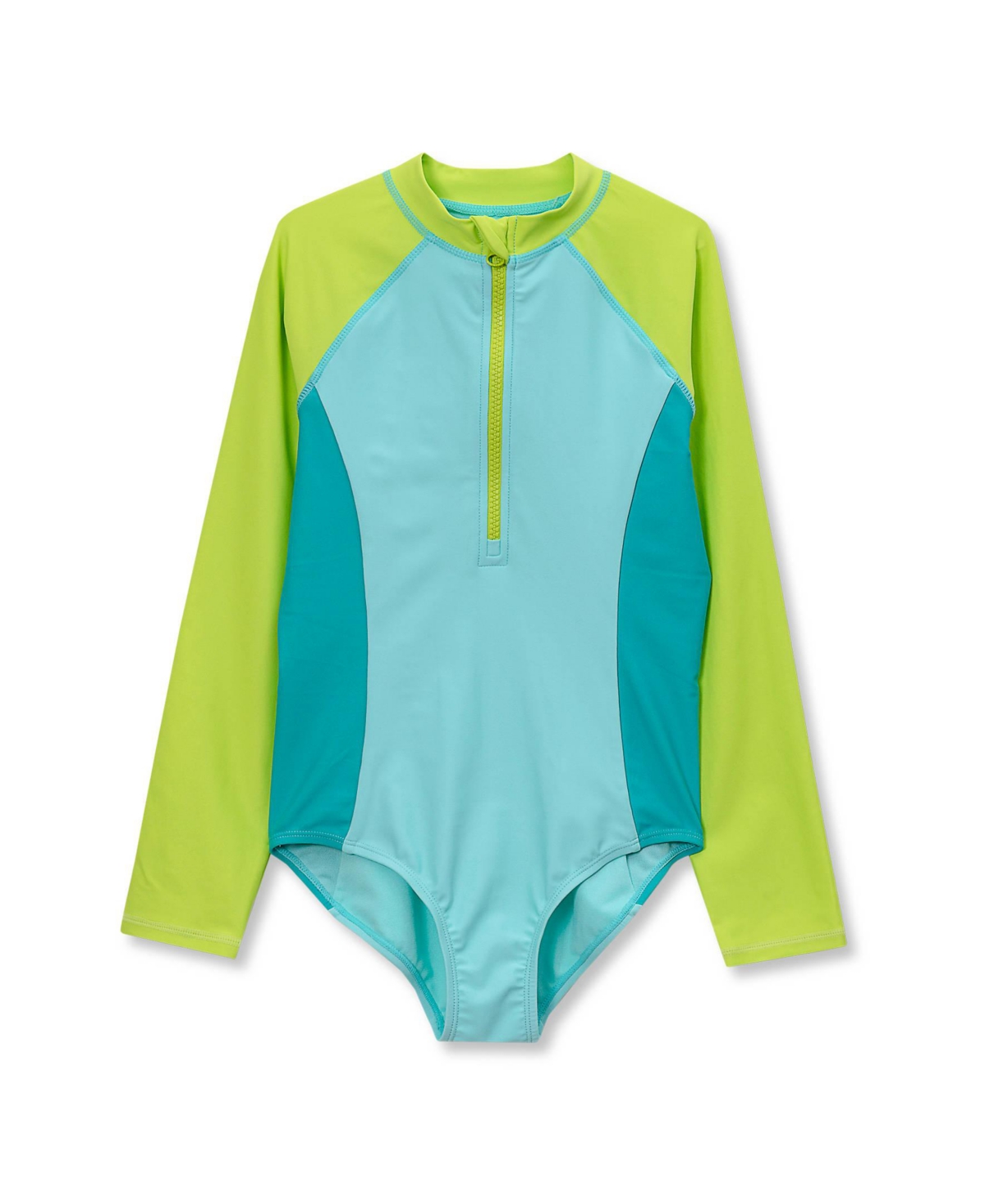 Lands’ End Girls Chlorine Resistant Long Sleeve One Piece Half Zip Swimsuit – Blue/yellow colorblock