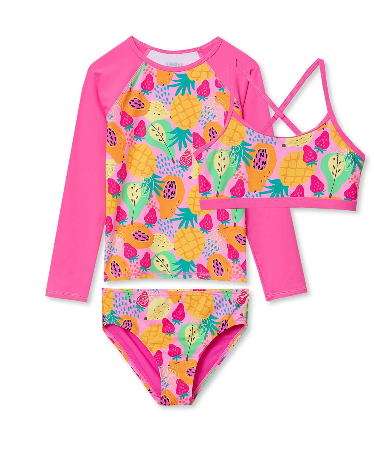 Lands’ End Girls Chlorine Resistant Long Sleeve Rash Guard Bikini 3 Piece Swimsuit Set – Tropical fruit/pink Lands’ End Girls Chlorine Resistant Long Sleeve Rash Guard Bikini 3 Piece Swimsuit Set – Tropical fruit/pink