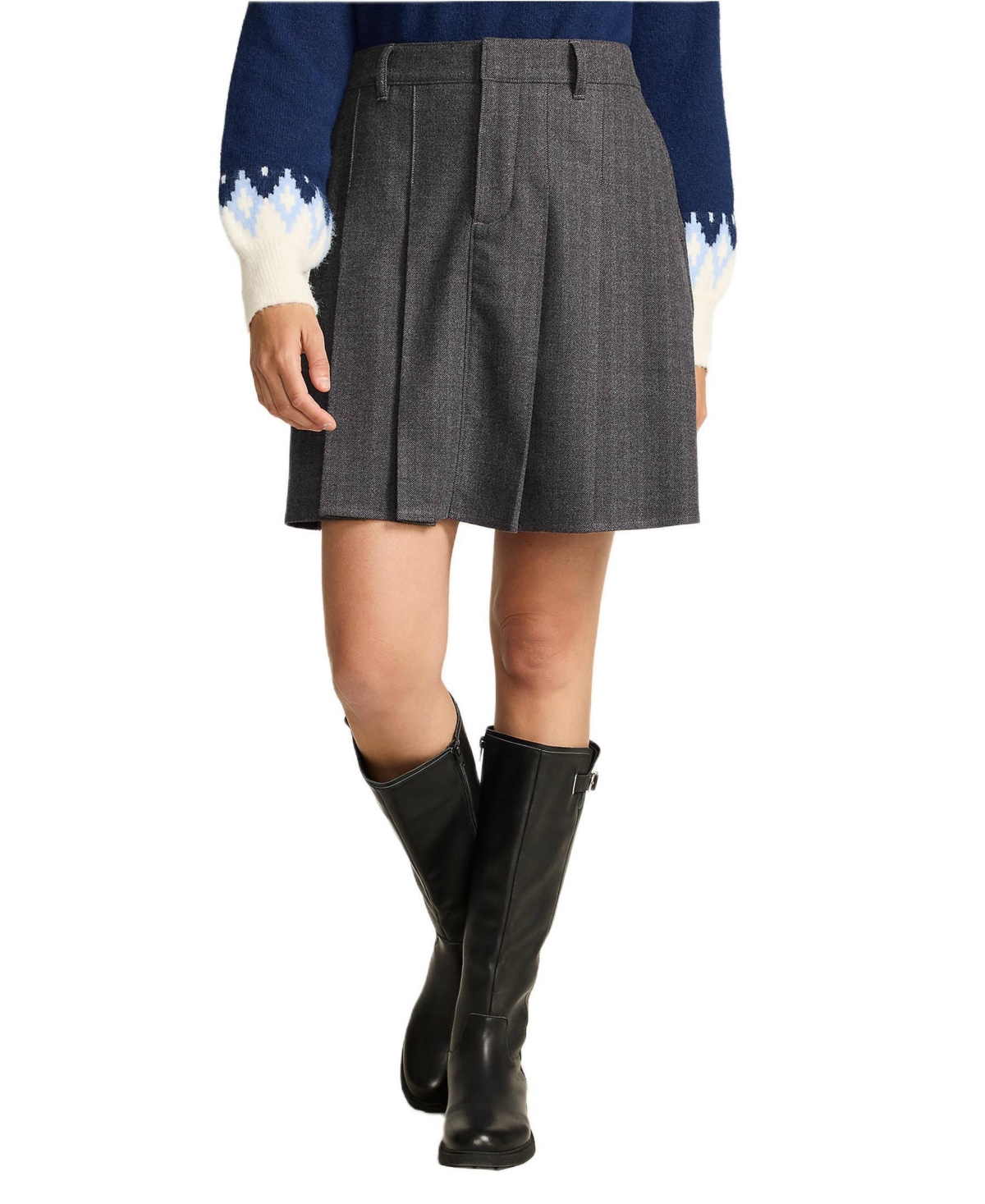 Lands’ End Women’s Brushed Flannel Pleated Mini Skirt – Dark gray herringbone