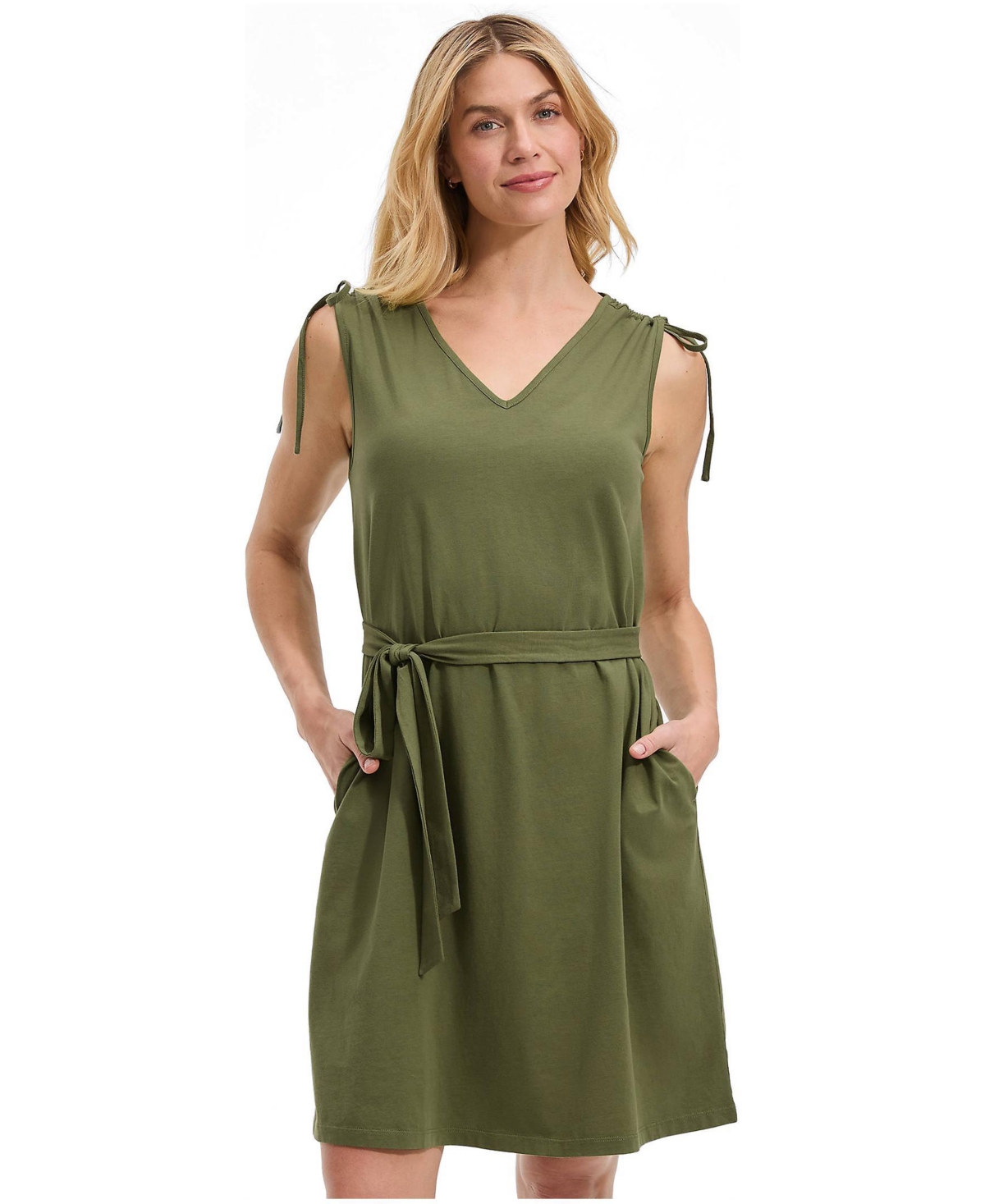 Lands’ End Women’s Cotton Jersey Shoulder Tie Belted Mini Dress – Artichoke