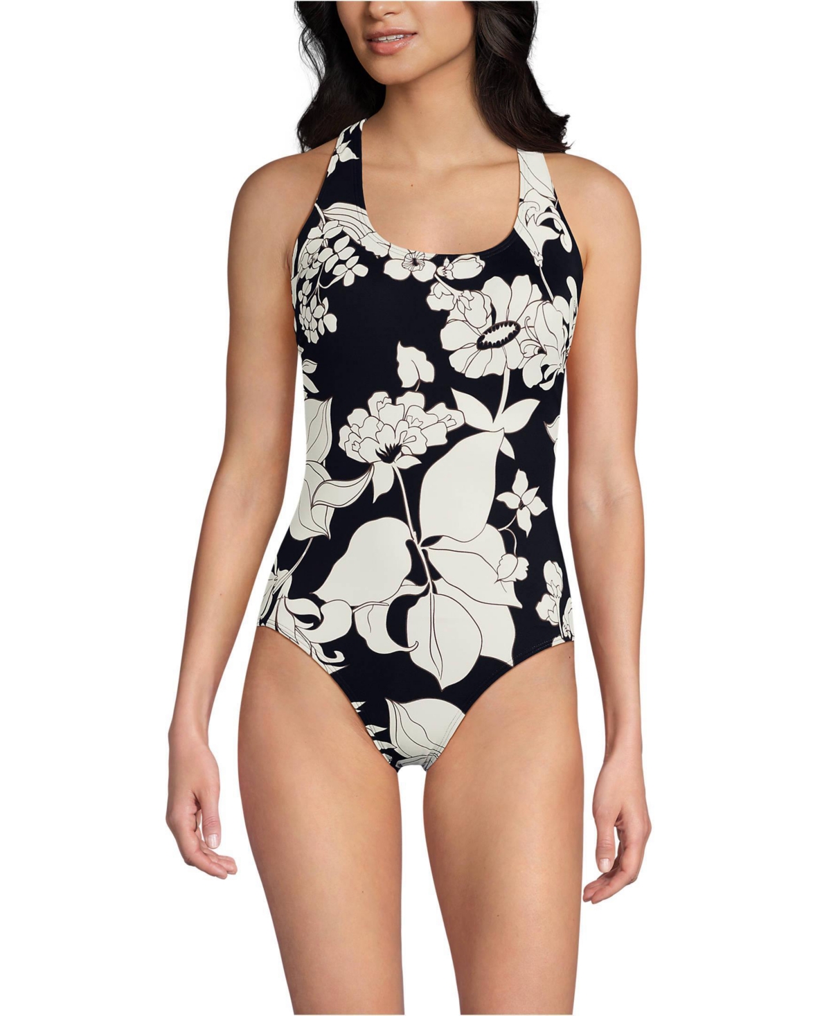 Lands’ End Women’s Long Tugless X-Back One Piece Swimsuit – Black/egret lilies Lands’ End Women’s Long Tugless X-Back One Piece Swimsuit – Black/egret lilies