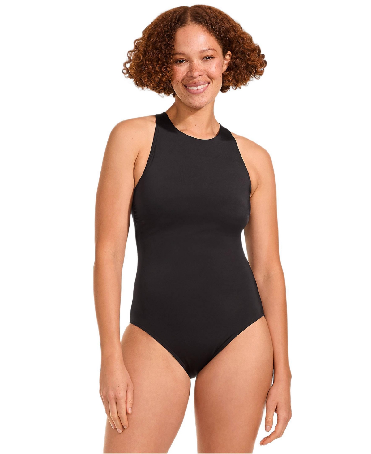 Lands’ End Women’s Tugless High Neck Portrait Back One Piece Swimsuit – Black