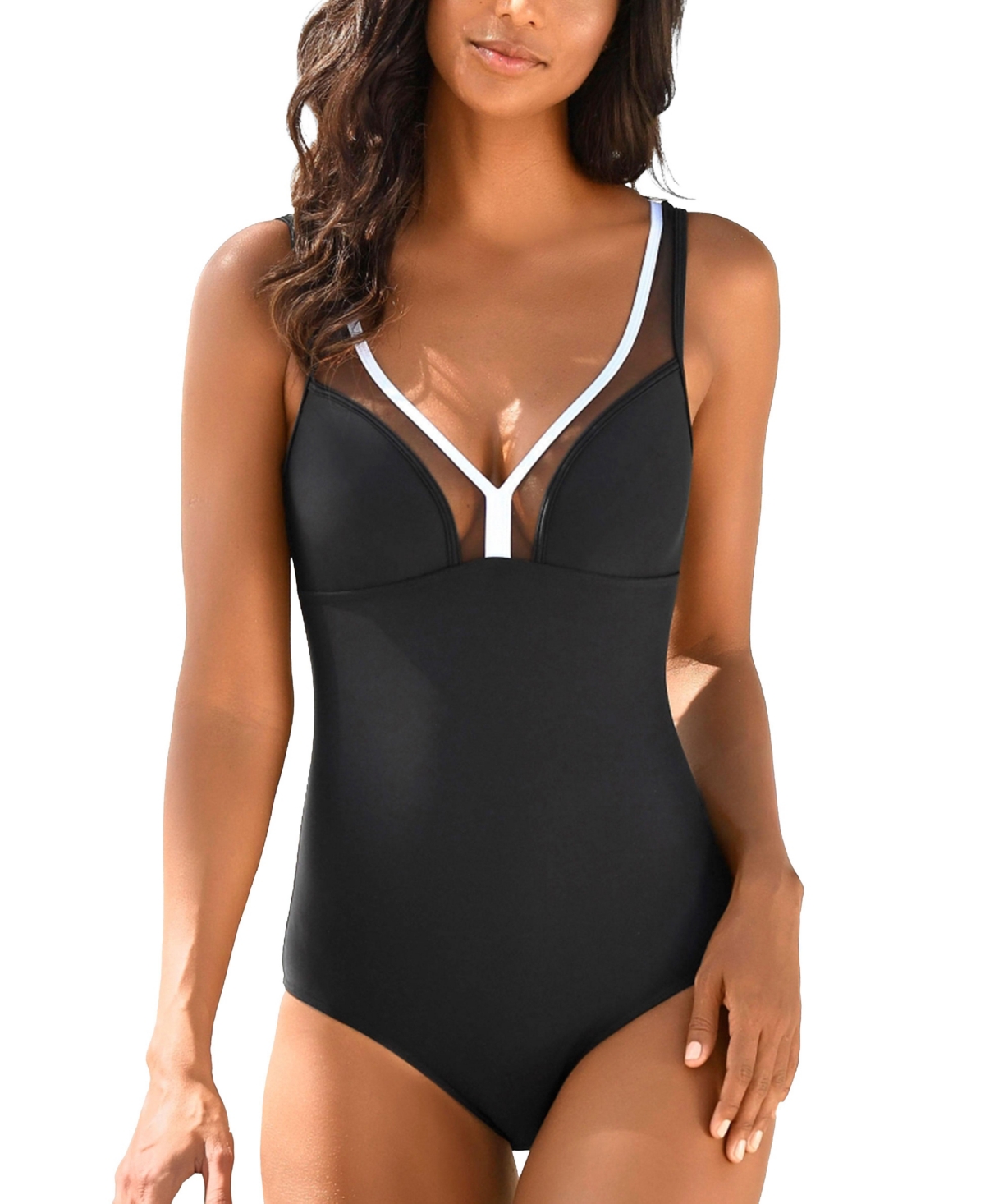 Lascana Women’s Mesh Trim Tummy Control One Piece Swimsuit Bra Sizing – Black Lascana Women’s Mesh Trim Tummy Control One Piece Swimsuit Bra Sizing – Black