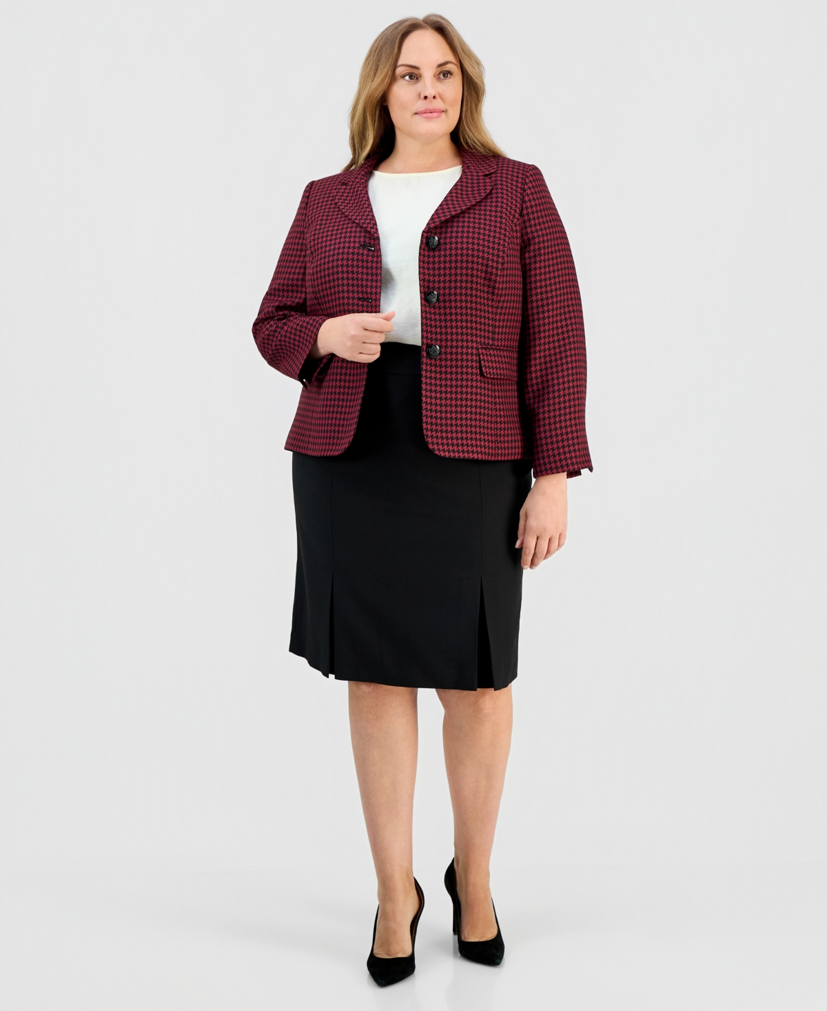 Le Suit Plus Size Pencil Skirt Houndstooth Suit Set – Bordeaux/black Le Suit Plus Size Pencil Skirt Houndstooth Suit Set – Bordeaux/black