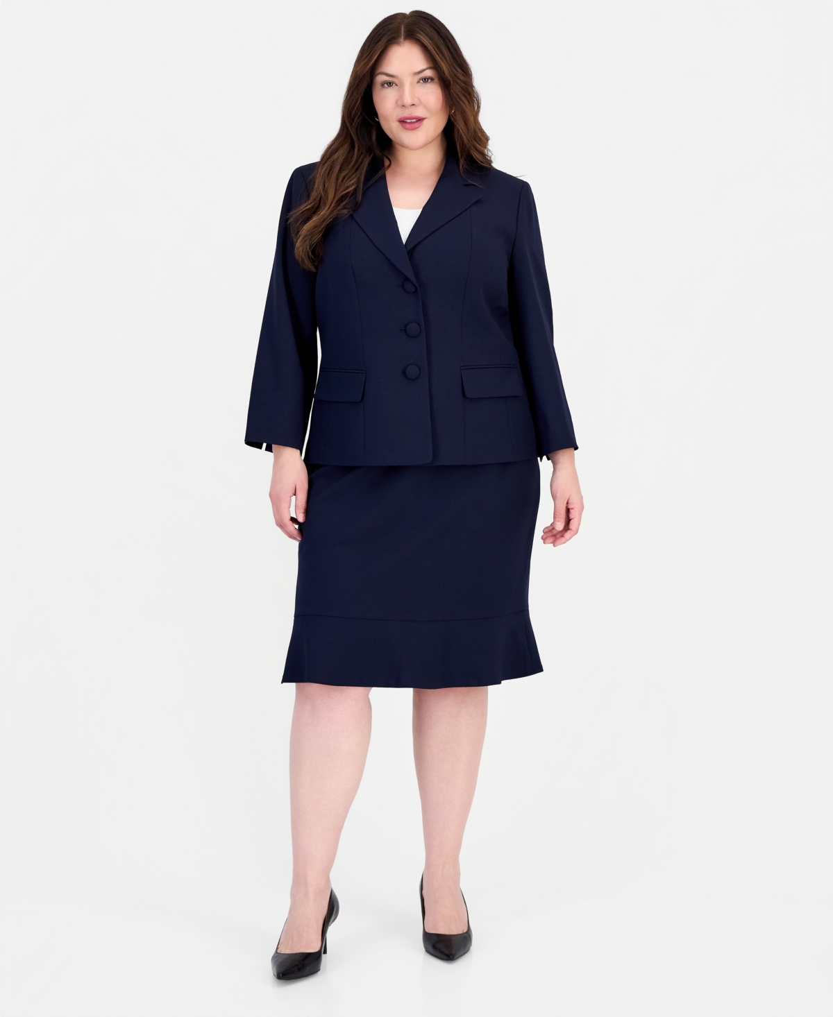 Le Suit Plus Size Three-Button Notched Collar Blazer & Skirt Suit – Midnight Navy Le Suit Plus Size Three-Button Notched Collar Blazer & Skirt Suit – Midnight Navy