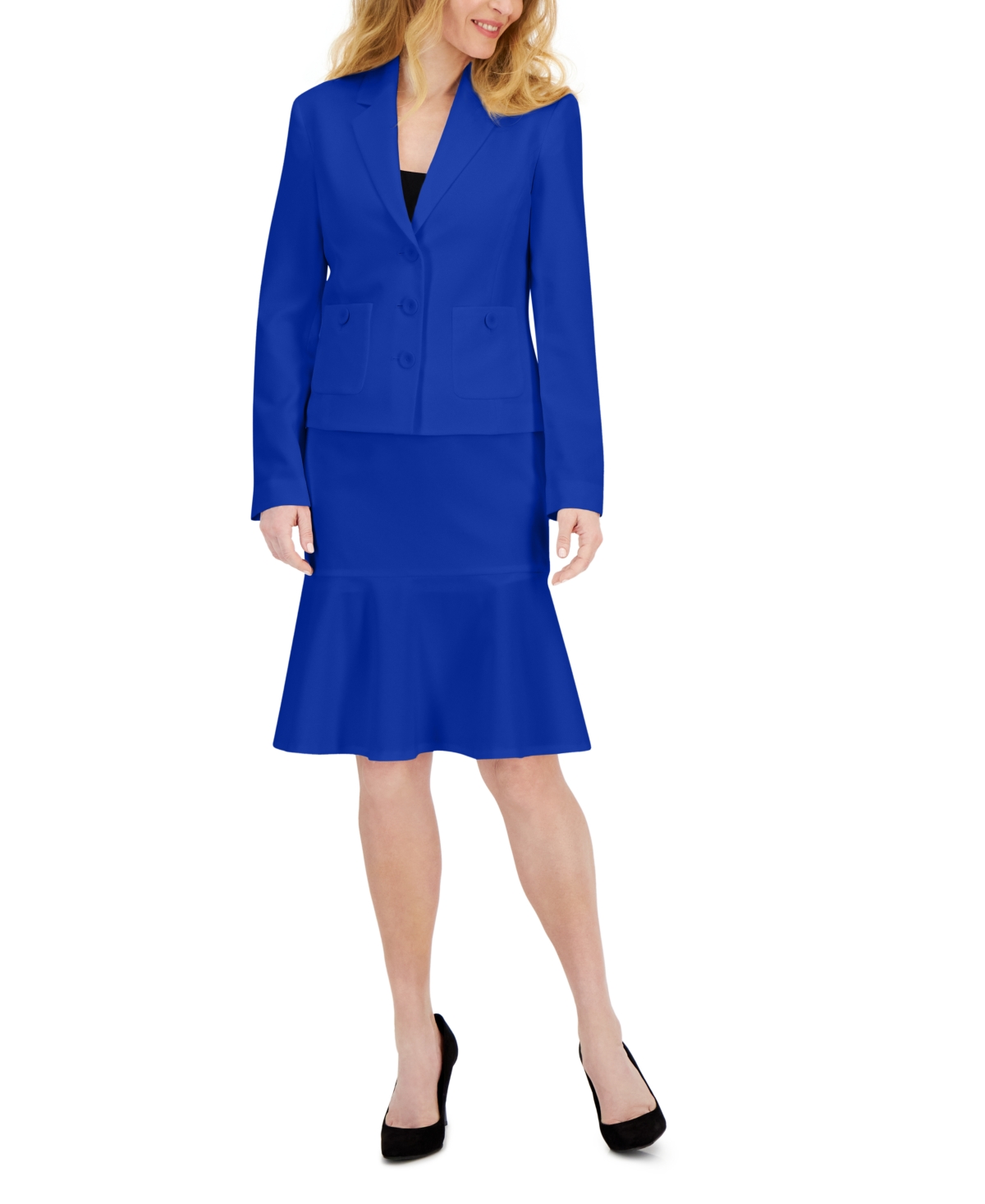 Le Suit Women’s Crepe Button-Front Flounce Skirt Suit Set, Regular and Petite – Celeste Blue