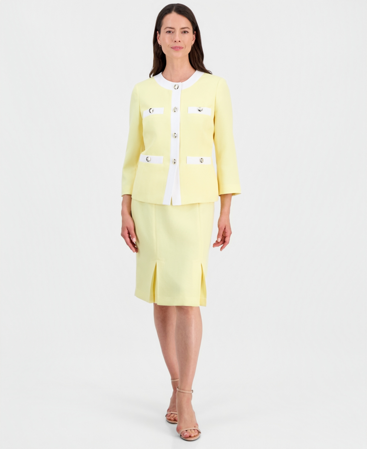 Le Suit Women’s Jewel-Neck Framed Jacket & Box-Pleat Pencil Skirt Suit – Pale Yellow/nat Wht Le Suit Women’s Jewel-Neck Framed Jacket & Box-Pleat Pencil Skirt Suit – Pale Yellow/nat Wht