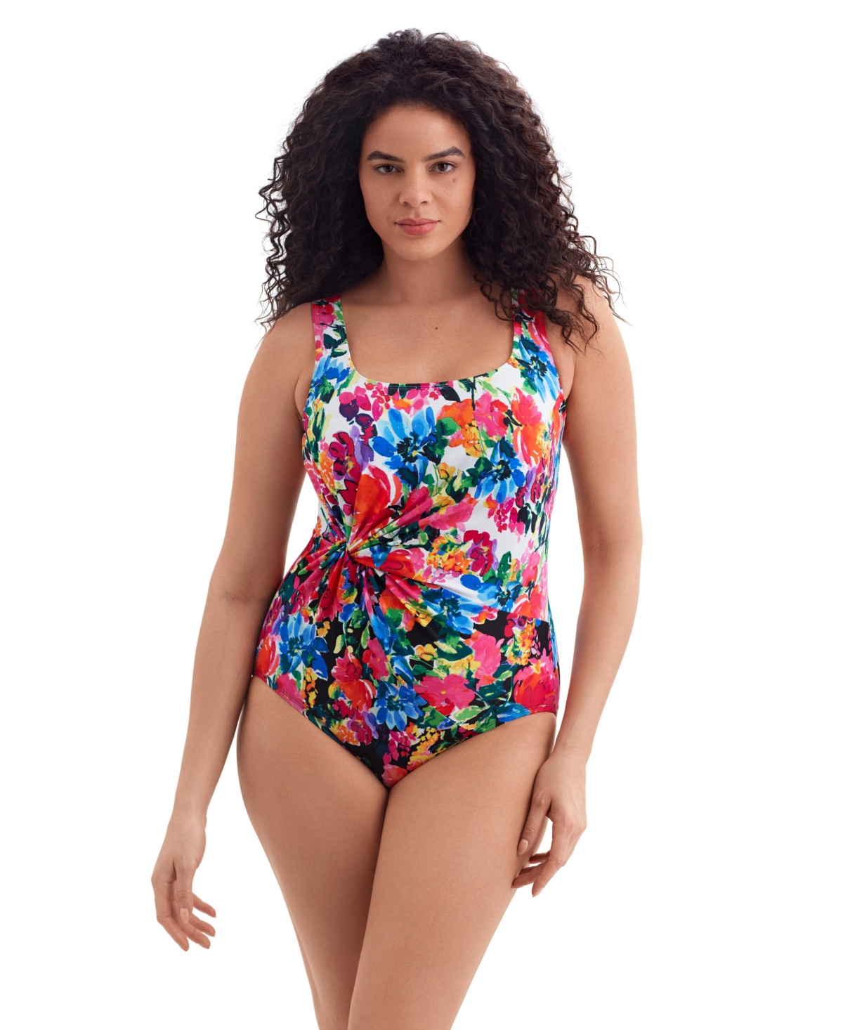 Longitude by Mimi Flamingo Women’s Blooming Bouquet Twist Drape Tank One Piece Swimsuit – Blooming bouquet