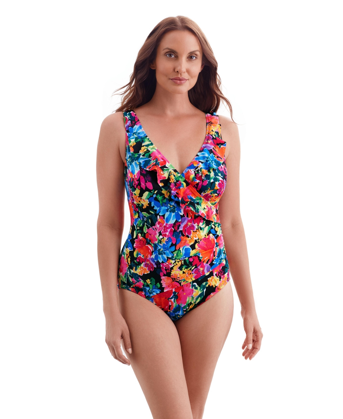 Longitude by Mimi Flamingo Women’s Fine China Ruffle Front Surplice One Piece Swimsuit – Blooming bouquet
