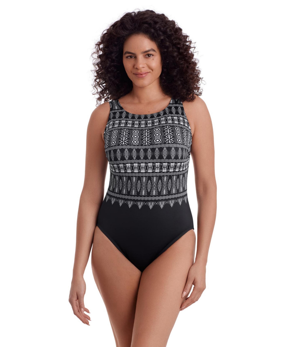 Longitude by Mimi Flamingo Women’s Just Shine Scoopback Highneck Modern Leg One Piece Swimsuit – Tribal nights