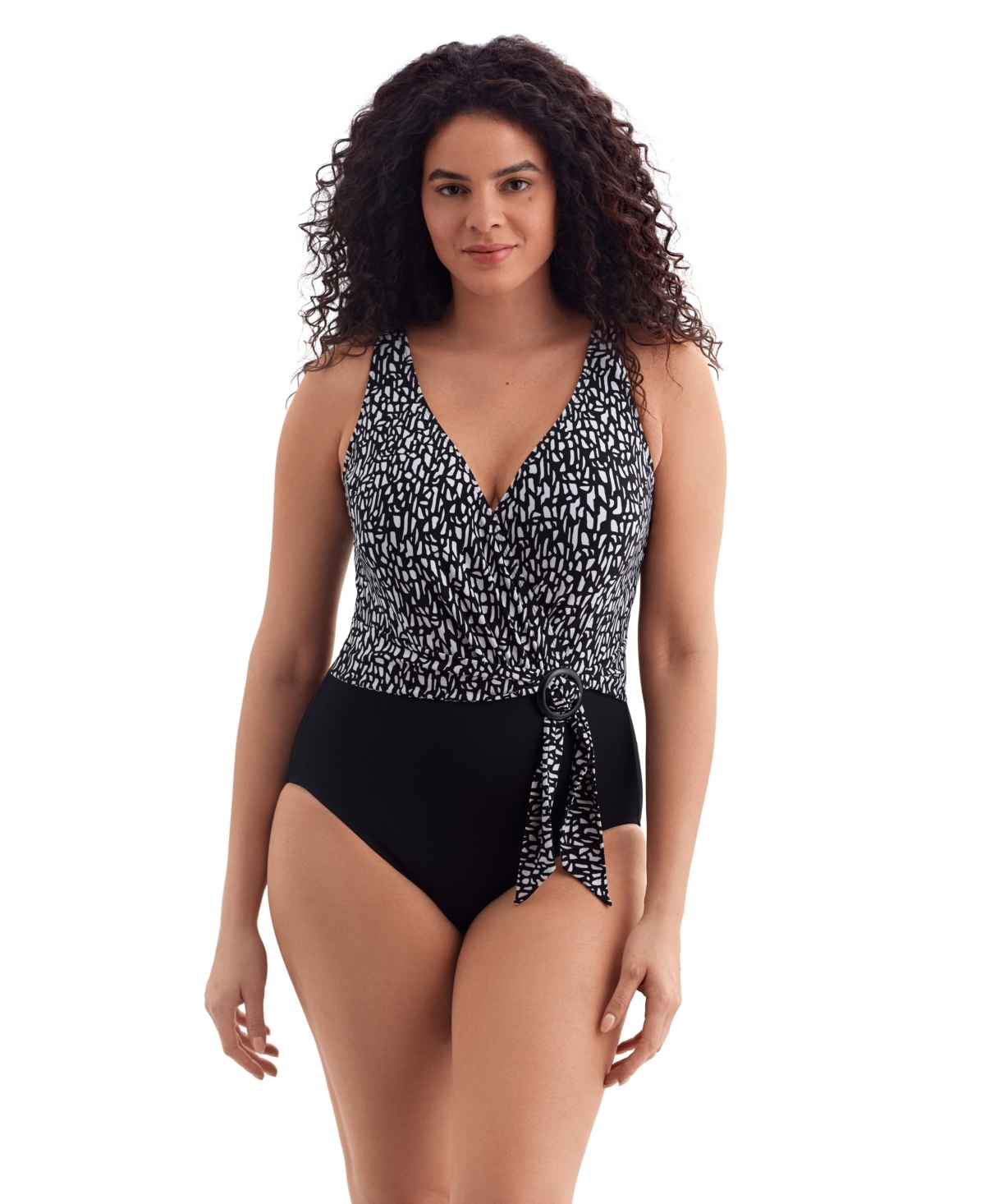 Longitude by Mimi Flamingo Women’s Second Wave Belted Surplice One Piece Swimsuit – Paper mache