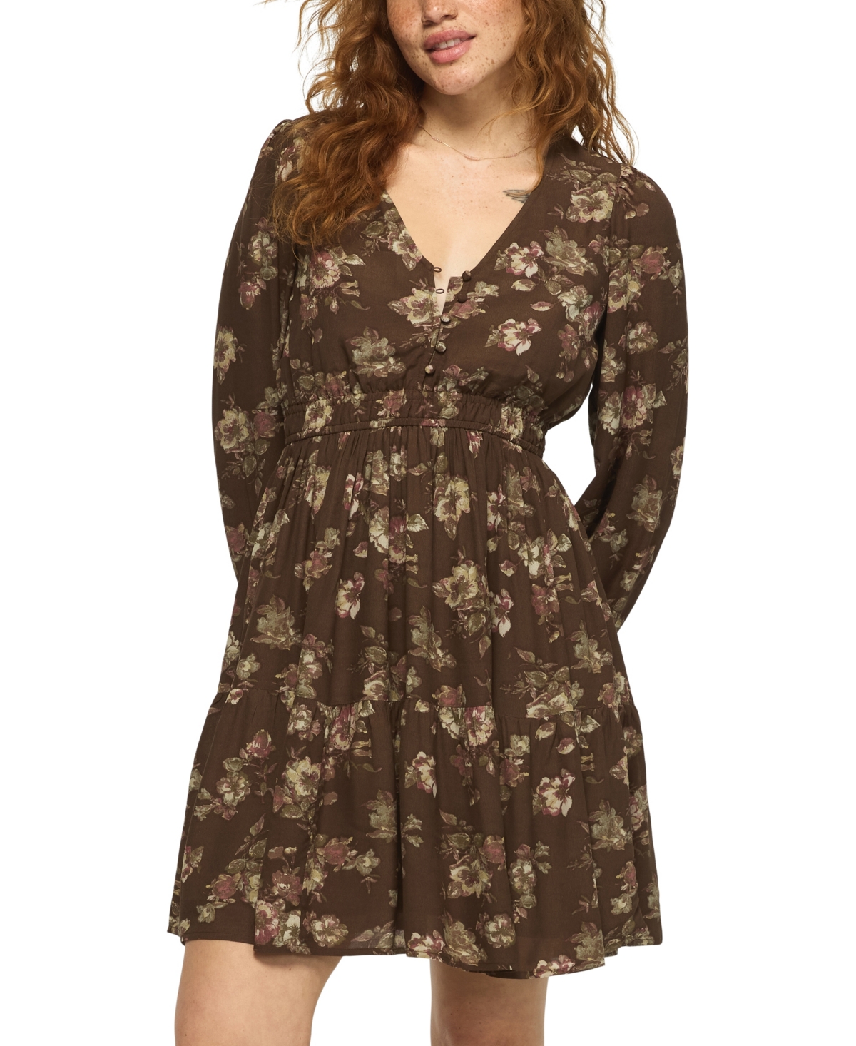 Lucky Brand Women’s Long-Sleeve Smocked-Waist Floral Mini Dress – Taupe Floral