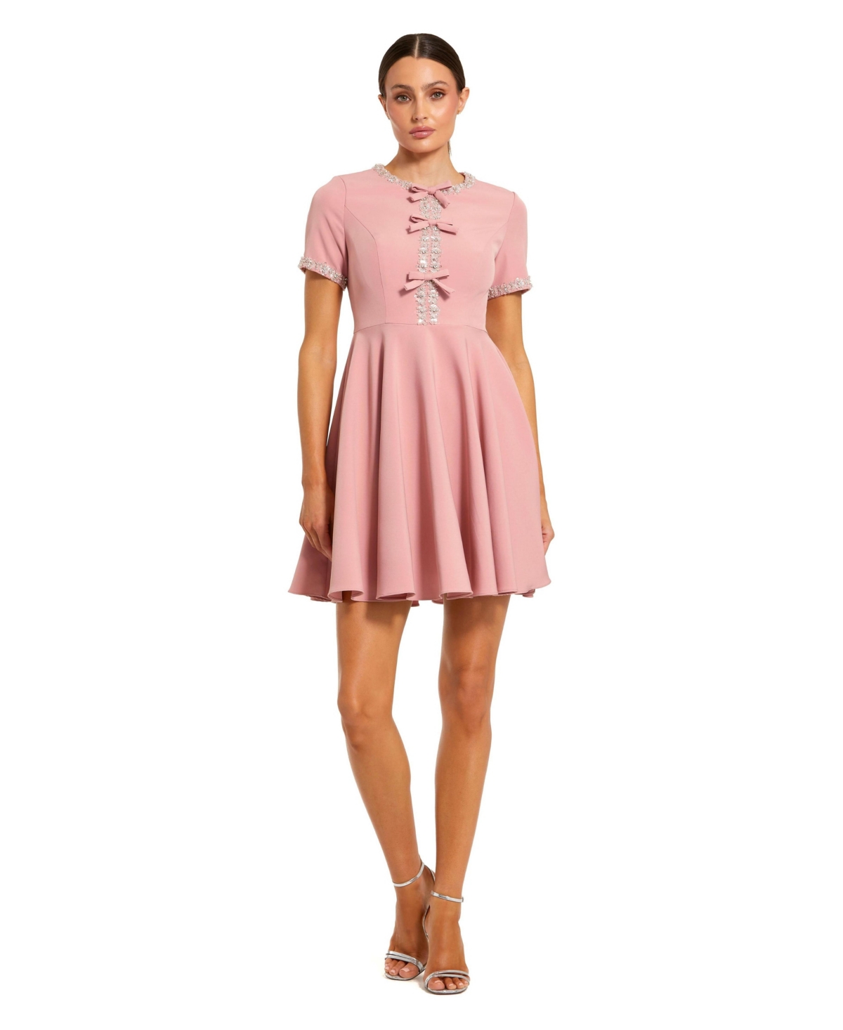 Mac Duggal Women’s Crystal Embellished Bow Front A-Line Mini Dress – Dusty rose