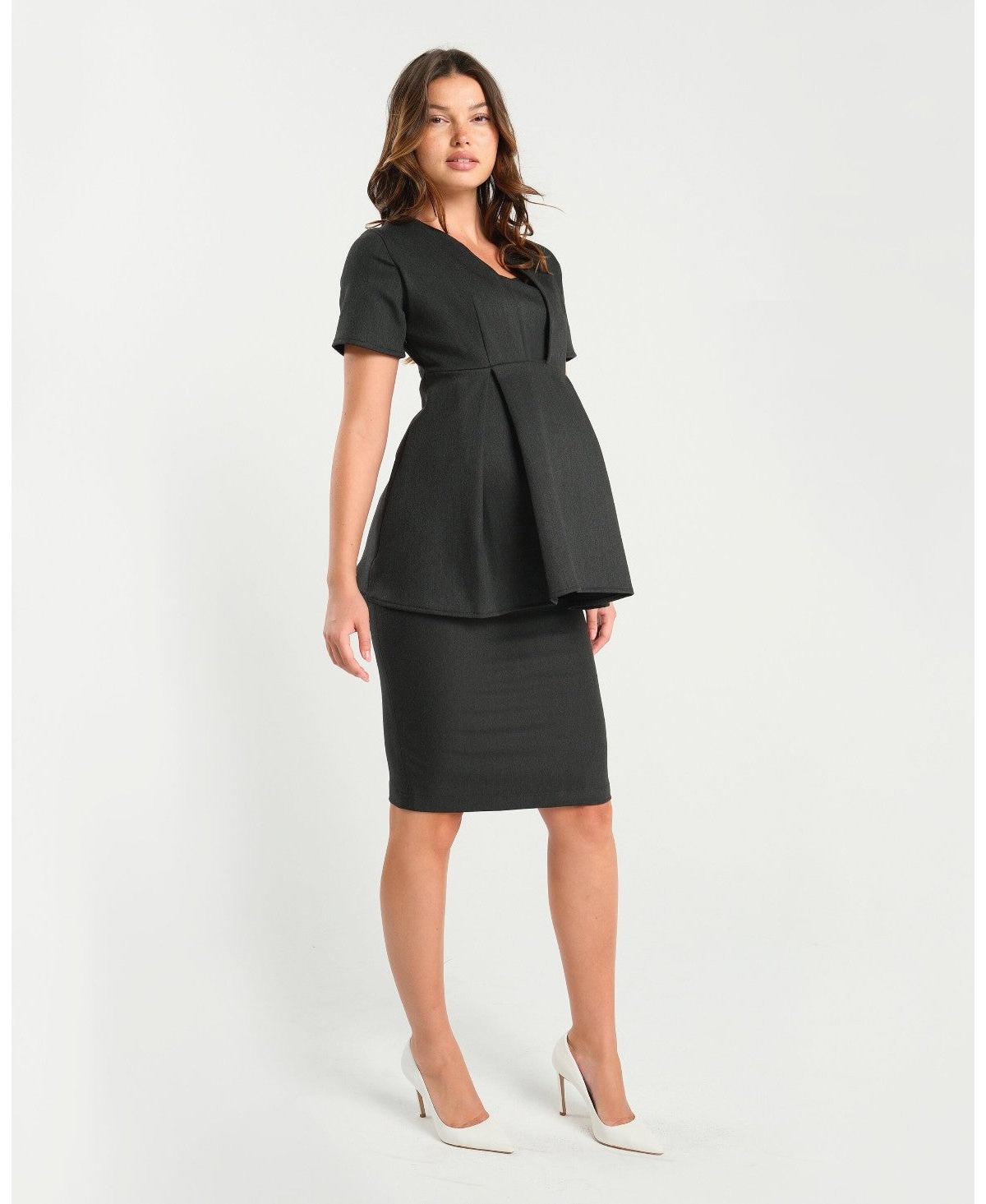 Marion Maternity Knee Length Pencil Skirt with Stretch Bump Panel in Italian Suiting Fabric – Charcoal grey