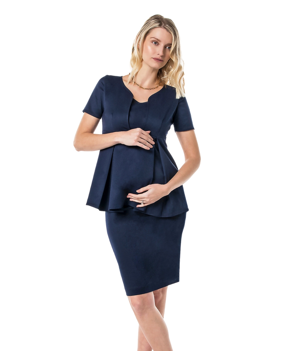 Marion Maternity Knee Length Pencil Skirt with Stretch Bump Panel in Italian Suiting Fabric – Navy blue
