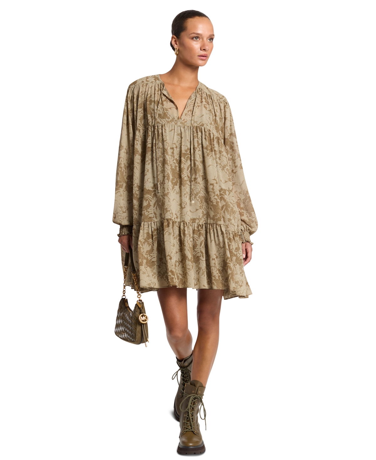 Michael Kors Women’s Long-Sleeve Tiered Floral Mini Dress – Duffle Michael Kors Women’s Long-Sleeve Tiered Floral Mini Dress – Duffle