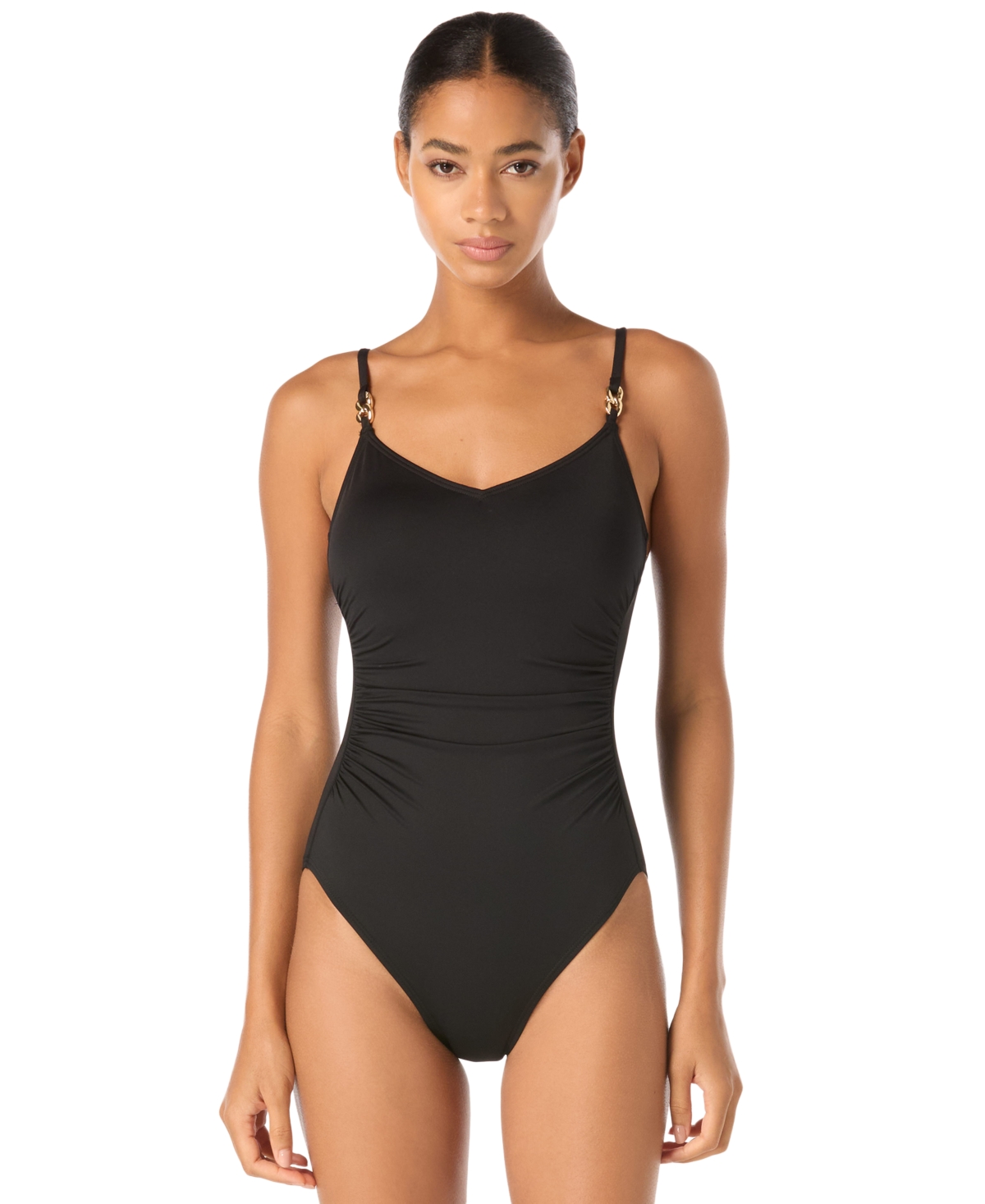 Michael Michael Kors Women’s V-Neck Ruched One-Piece Swimsuit – Black Michael Michael Kors Women’s V-Neck Ruched One-Piece Swimsuit – Black