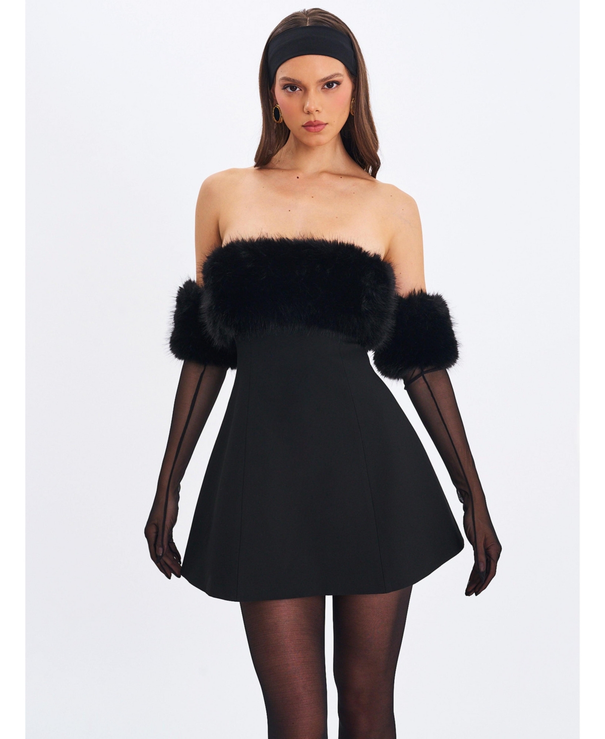 Miss Circle Women Evelyn Fur-Trimmed Mini A-Line Dress – Black Miss Circle Women Evelyn Fur-Trimmed Mini A-Line Dress – Black