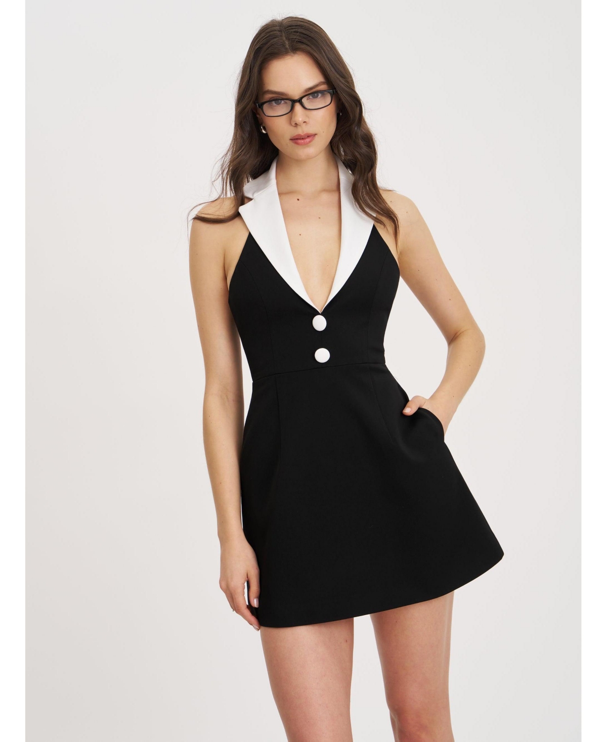 Miss Circle Women Ignacia Office Casual Black and White Halter Mini A-line Dress – Black Miss Circle Women Ignacia Office Casual Black and White Halter Mini A-line Dress – Black