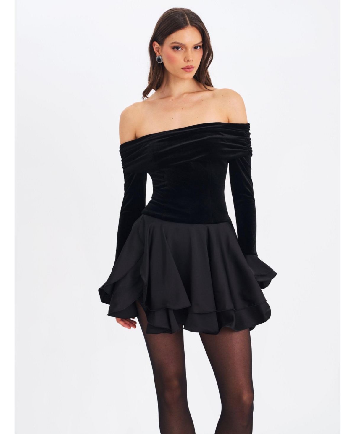 Miss Circle Women Magnolia Black Off-Shoulder Layered Satin Mini Dress – Black Miss Circle Women Magnolia Black Off-Shoulder Layered Satin Mini Dress – Black