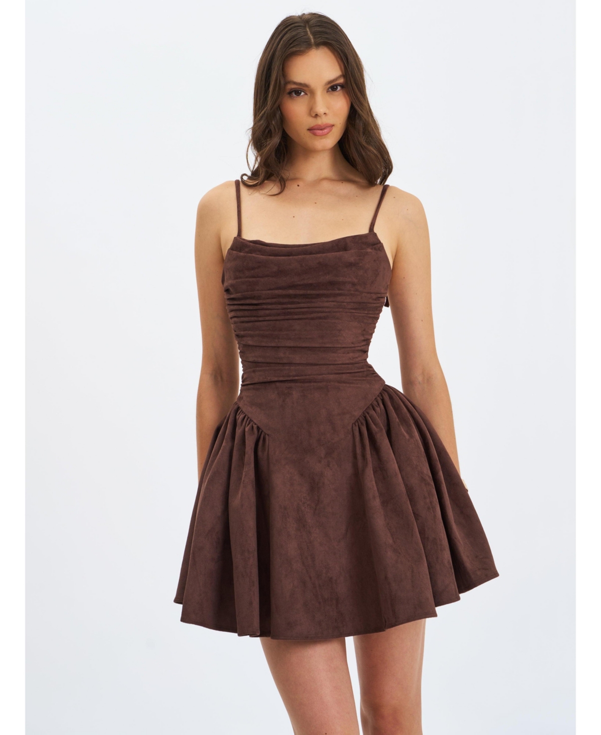 Miss Circle Women Raisa Mahogany Suede Ruched Mini Dress – Mahogany Miss Circle Women Raisa Mahogany Suede Ruched Mini Dress – Mahogany