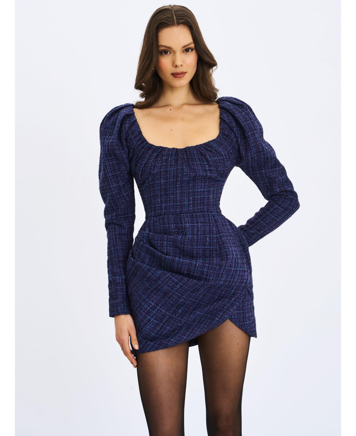 Miss Circle Women’s Denise Navy Tweed Ruched Puff Sleeve Mini Dress – Navy Miss Circle Women’s Denise Navy Tweed Ruched Puff Sleeve Mini Dress – Navy