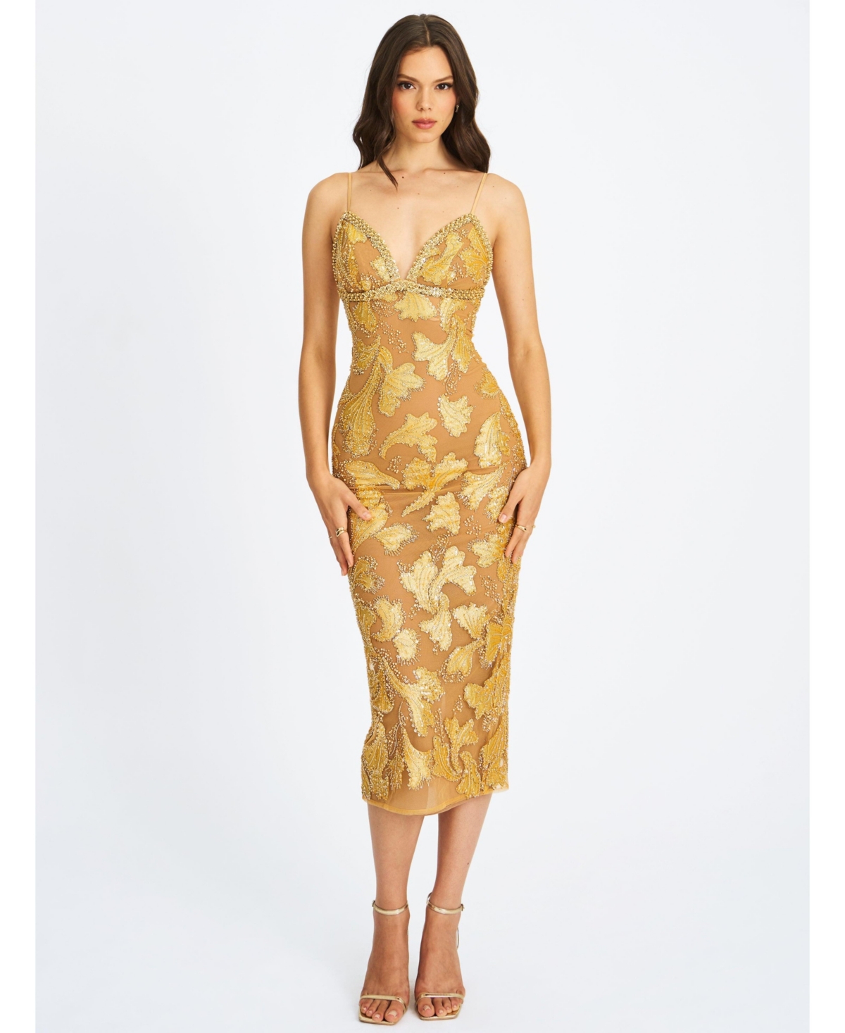 Miss Circle Women’s Edie Gold Beaded Sequin Midi Pencil Dress – Gold Miss Circle Women’s Edie Gold Beaded Sequin Midi Pencil Dress – Gold