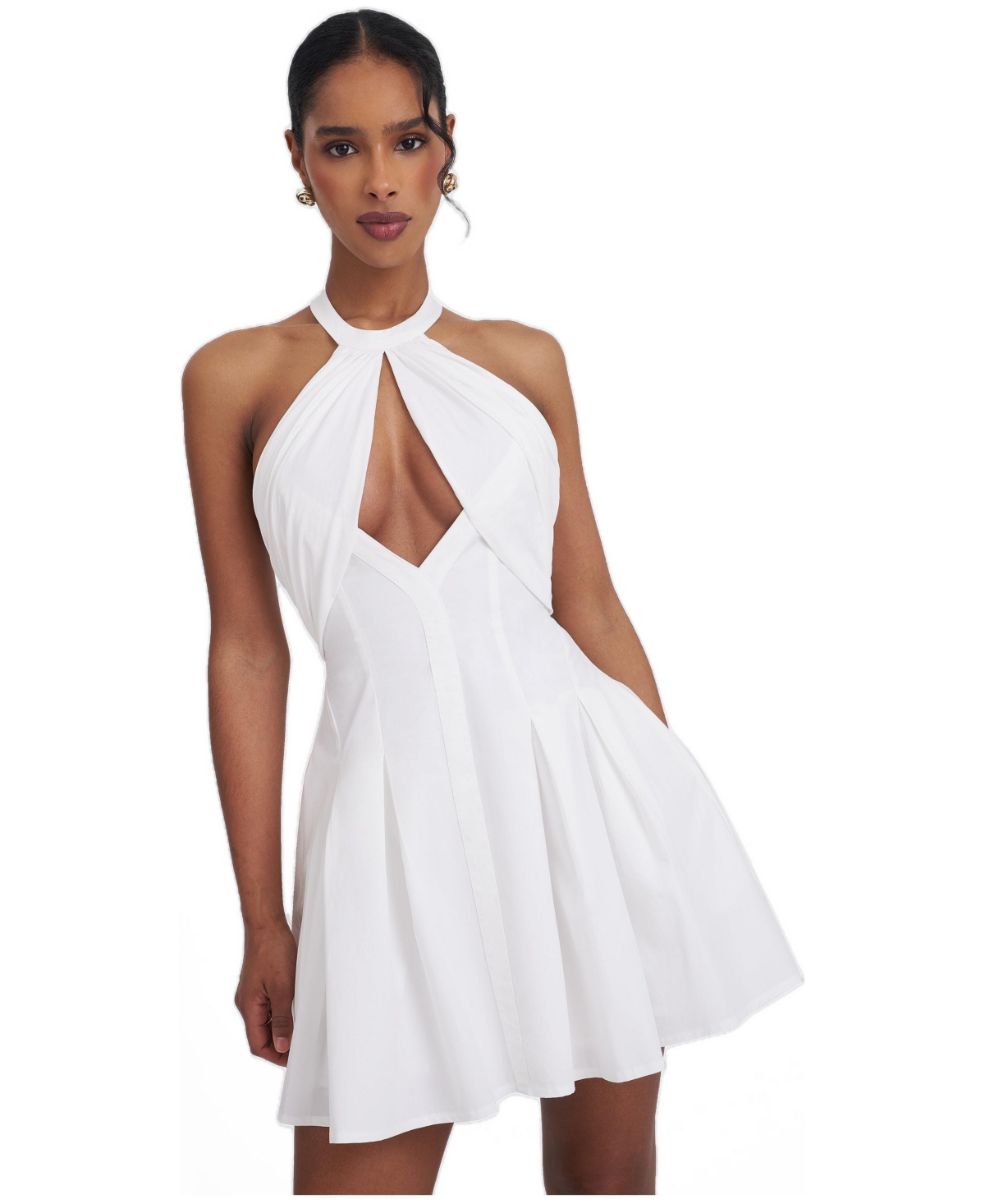 Miss Circle Women’s Jordyn White Cotton Poplin Keyhole Halter Mini Dress – White