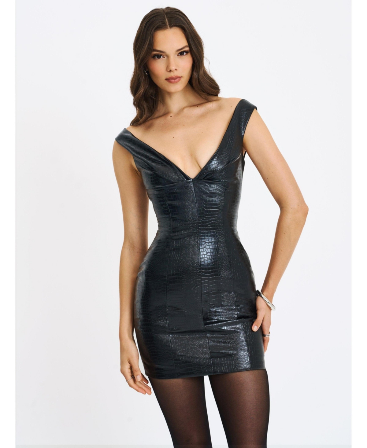 Miss Circle Women’s Quilia Black Faux Crocodile Leather Plunge Mini Dress – Black Miss Circle Women’s Quilia Black Faux Crocodile Leather Plunge Mini Dress – Black