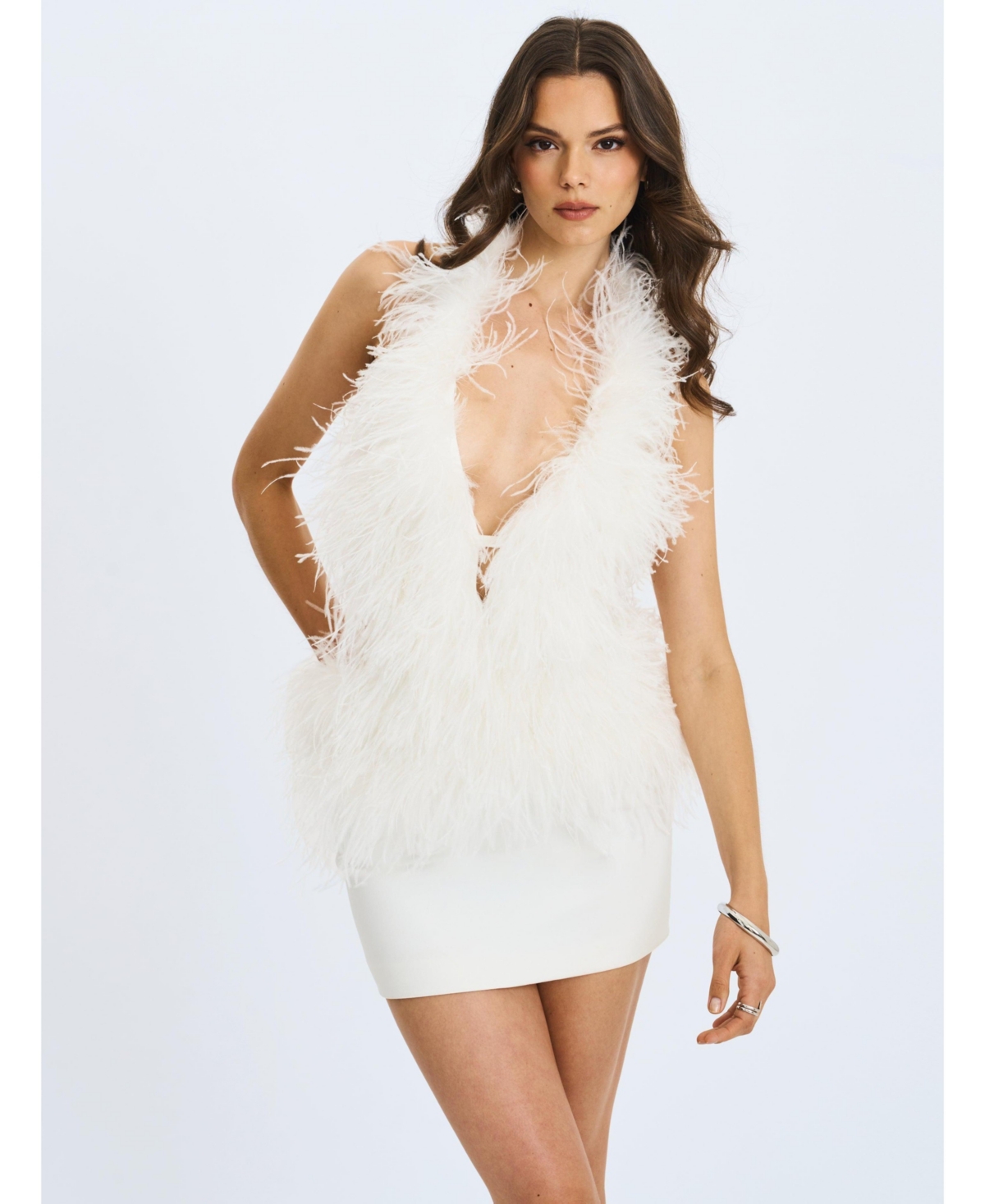 Miss Circle Women’s Quisten Feathered Plunging Halter Mini Dress – White Miss Circle Women’s Quisten Feathered Plunging Halter Mini Dress – White